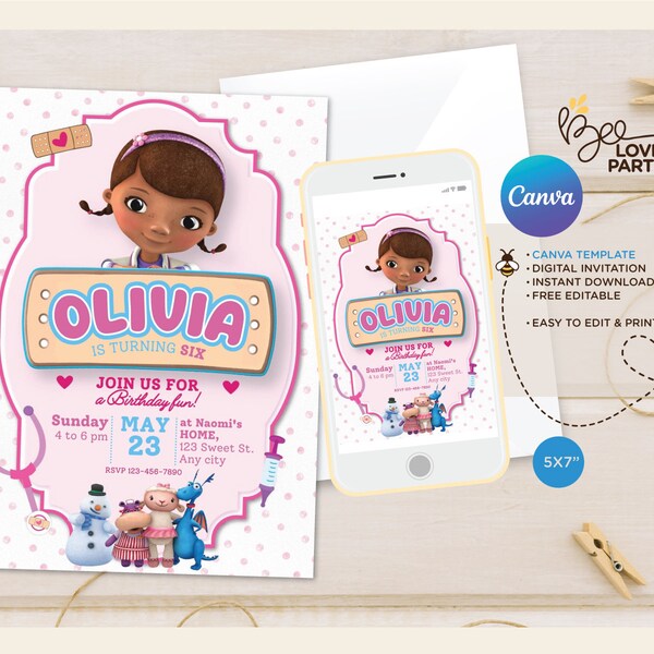 Modèle modifiable d'Invitation d'anniversaire Doc Mcstuffins, imprimables DocMcstuffins, invitations à une fête, fête numérique pour enfants inviter carte d'anniversaire Evite