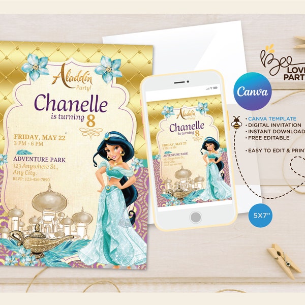 Princess Jasmine Invitation, Jasmine Birthday Invitation, Aladdin Birthday Printable, Instant Download Canva Template, Jasmine Invite party