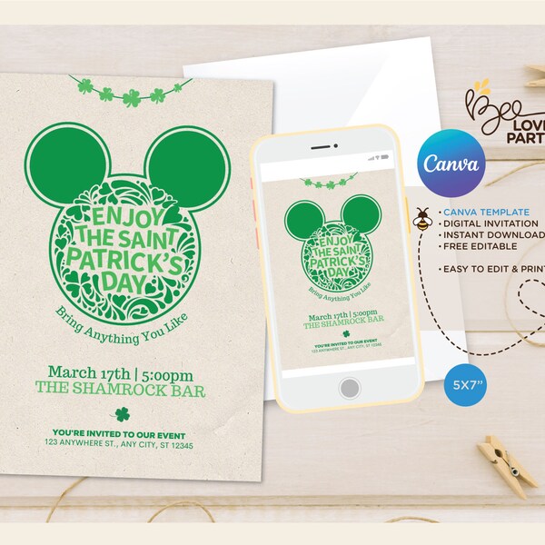 Editable Mickey St Patrick's Day Party Invitation, Template St. Patrick's Day, Printable St. Patrick's Day Invite, Eat Drink & Be Irish