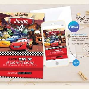 Editable Cars Birthday Invitation, Kids Birthday Invitation Lightning, McQueen Invitation, Personalized Canva Printable Digital Invite #2