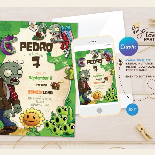 Plants vs zombies birthday invitation, plants vs zombies party supplies, video game theme, zombies birthday party decoration, canva 1