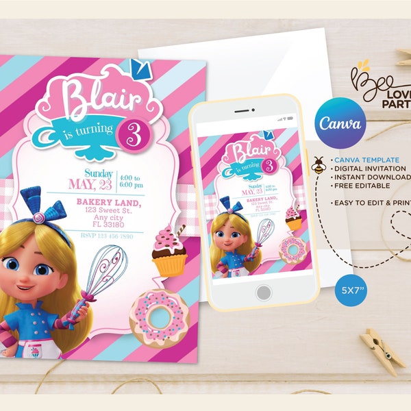 Alice's Wonderland Bakery Invitation, Alice Wonderland Birthday Invitation, Alice Canva template Editable, Alice invitation deco supplies