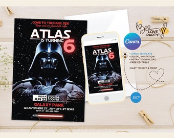 Editable Star War Birthday Invitation Template, Printable Birthday Party Invitation, Digital Kids Party Invite, Template Starwars Bday Vader