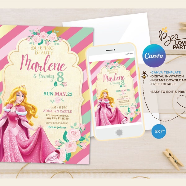 Aurora Sleepy Beauty Birthday Invitation, Editable canva Template, Aurora Birthday Party, Aurora invite  Print or share 5x7", Princess Party