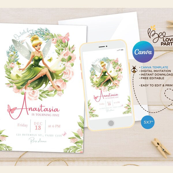 Fairy Tinkerbell invitation, fairy Birthday Invitation, tinker bell invitation, canva editable invite, peter pan invite girl template