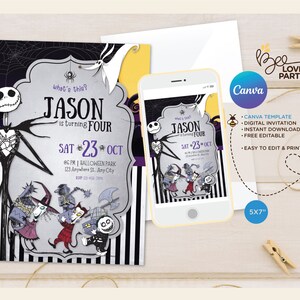 Digital Bday Party Invite, Editable Nightmare Before Christmas Birthday Invitation Template, Jack Skellington party, Digital Download canva