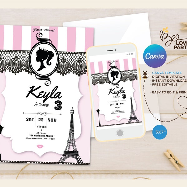 Pink Doll Paris Birthday Invitation, Fashion doll Birthday Party, girl doll Party Invitation, Template Canva digital print or share