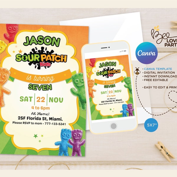 Sweet or Sour Birthday Invitation Template, Printable Birthday Party Invitations, Sour Kids Party Invite Template