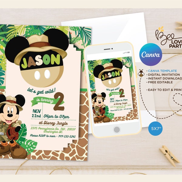Safari Clubhouse Mouse Birthday invitation, boy safari edit canva template printable invitation, digital file safari party, inst download