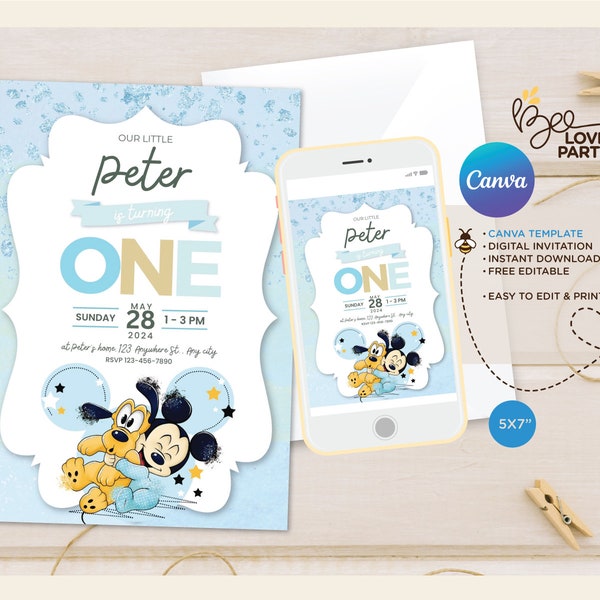 Mouse Baby 1st Birthday boy invitation, Mouse Baby little boy shower party, Mouse Baby party theme, canva editable print or share #2