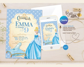 Princess cinderella Birthday invitation, Girl editable invite template, castle printable invitation, once upon a time royal party cinderella