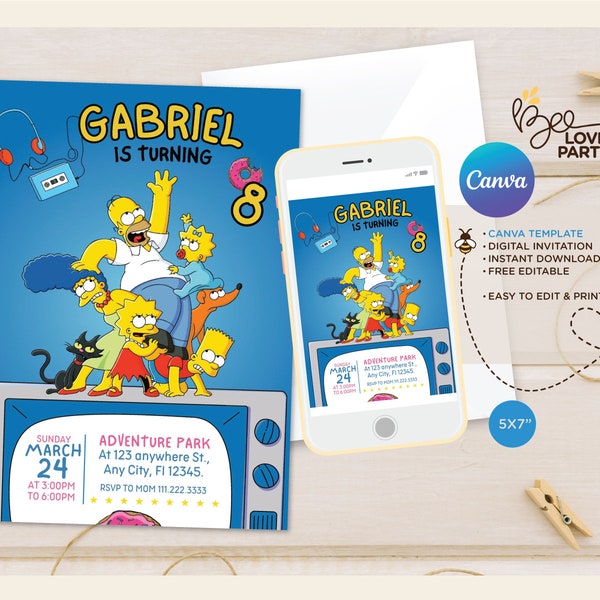 Modèle d’invitation de garçons d’anniversaire Simpsons modifiable, invitations de fête d’anniversaire imprimables, modèle d’invitation numérique Bday, carte d’invitation Bday