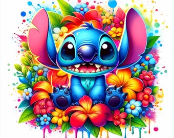May include: A blue cartoon character with large ears and a big smile surrounded by colorful flowers. The character has a blue body, white eyes, and a black nose. The flowers are in shades of pink, red, yellow, and orange.