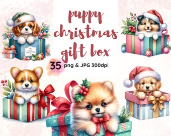 Watercolor Christmas Puppy Clipart, Gift Box PNG Bundle (Commercial Use)