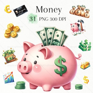 Geld clipart, financiële grafische set, valutaontwerp, spaargeld, spaarvarken PNG, aquarel educatieve financiële kunst, creditcard, voorraad