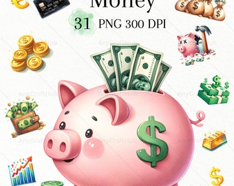 Watercolor Money Clipart Set, Piggy Bank Graphics (PNG)