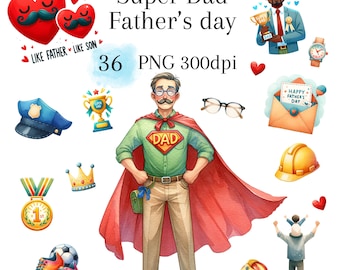 Super Dad Watercolor Clipart, Father's Day PNG (Digital Download)