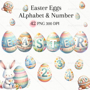 Imágenes Prediseñadas de huevos de Pascua - conjunto de alfabetos y números, letras de huevos, regalo de primavera de acuarela, decoraciones de Pascua en colores pastel, etiquetas de Pascua imprimibles