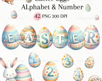 Easter Egg Clipart - Alphabet & Numbers Set, eggs letter, watercolor spring gift , pastel easter decorations, easter tags printable