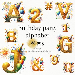Alfabeto de fiesta de cumpleaños, letras de brillo dorado, letras iniciales, clipart de celebración de fiesta, Invitación, cumpleaños de niños, Uso comercial