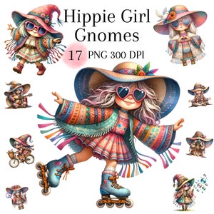 Hippie Mädchen Gnom, Hipster Boho Stil, Aquarell Peace gnome Clipart, Boho Mädchen, Peace Day Boho PNG Set, kommerzielle Nutzung