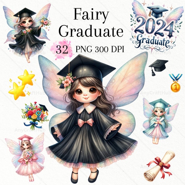 Watercolor Fairy Graduation Collection Clipart, graduate png,Diploma, graduation girl, cap and gown Celebratory Images, class of 2024