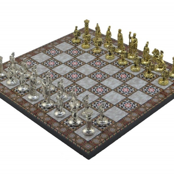 Gifthome Metal Chess Set/Set; Medium, Roman, Glossy, Mother-of-Pearl Patterned Wooden Chessboard