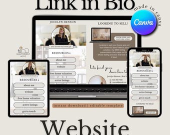May include: A digital marketing template for real estate agents, showcasing a website design on a laptop, tablet, and smartphone. The design includes the text "Link in Bio" and "Website for Real Estate Agents."