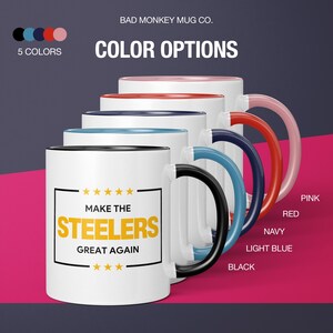 a set of five coffee mugs with the words make the steels great again