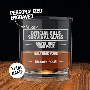 Personalized Buffalo Bills Engraved Whiskey Glass, Bills Old-Fashioned 10oz Glass - Pour Line Personalized Football Gift for Him image 1