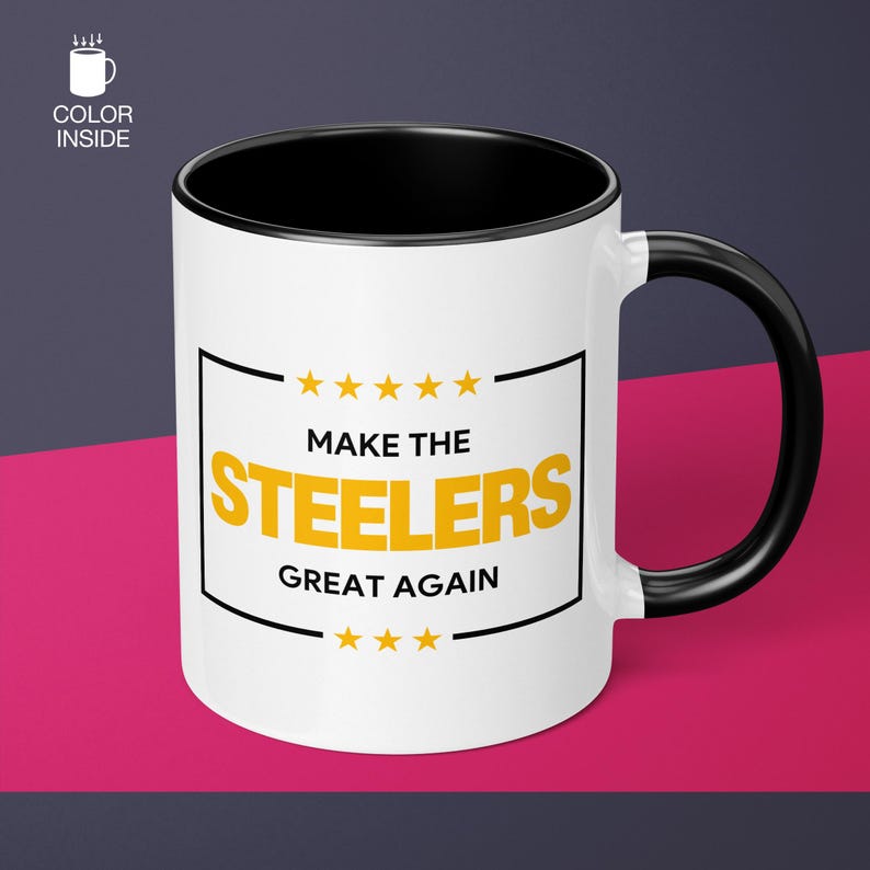 a black and white coffee mug with the words make the steelers great again