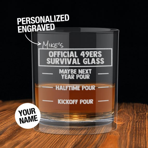 Personalized San Francisco 49ers Engraved Whiskey Glass, 49ers Old-Fashioned 10oz Glass - Pour Line Personalized Football Gift for Him
