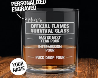 Personalized Calgary Flames Engraved Whiskey Glass, Flames Old-Fashioned 10oz Glass - Pour Line Personalized Hockey Gift for Him
