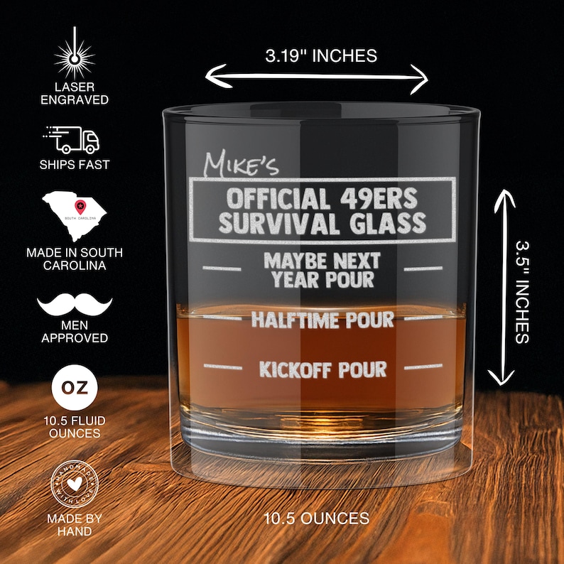 Personalized San Francisco 49ers Engraved Whiskey Glass, 49ers Old-Fashioned 10oz Glass - Pour Line Personalized Football Gift for Him image 2