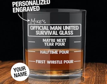 Personalized Manchester United Engraved Whiskey Glass, Manchester United Old-Fashioned 10oz Glass - Pour Line Personalized Soccer Gift Him