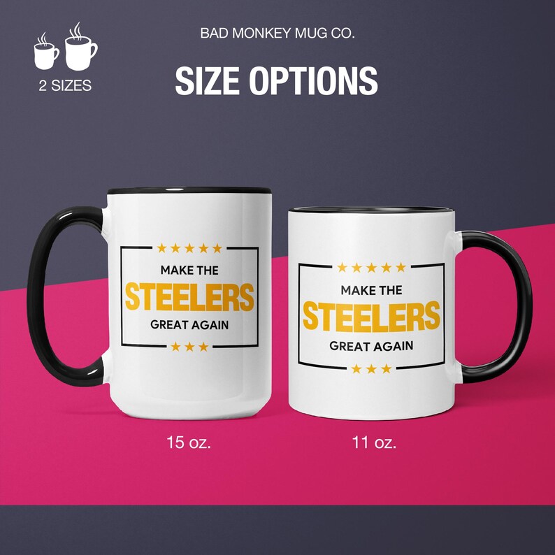 two white and black coffee mugs with the words make the steelies great again