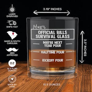 Personalized Buffalo Bills Engraved Whiskey Glass, Bills Old-Fashioned 10oz Glass - Pour Line Personalized Football Gift for Him image 2