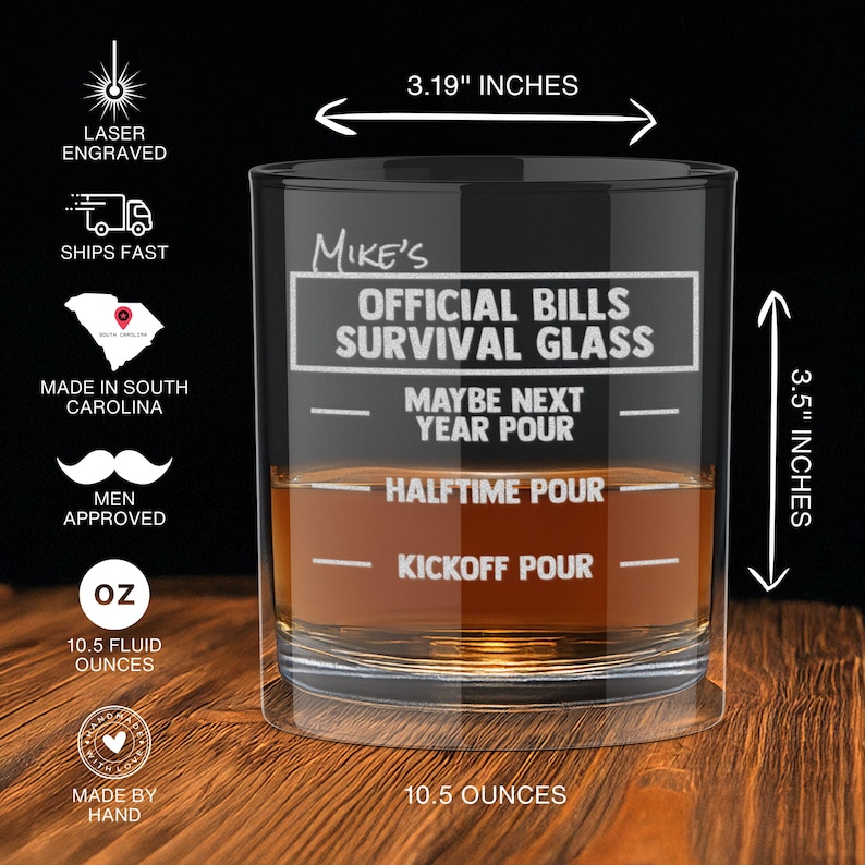 Personalized Buffalo Bills Engraved Whiskey Glass, Bills Old-Fashioned 10oz Glass - Pour Line Personalized Football Gift for Him image 2