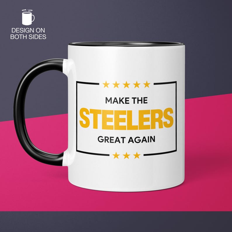 a black and white coffee mug on a pink and purple background