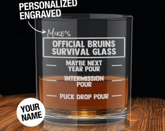 Personalized Boston Bruins Engraved Whiskey Glass, Bruins Old-Fashioned 10oz Glass - Pour Line Personalized Hockey Gift for Him