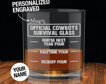 Personalized Dallas Cowboys Engraved Whiskey Glass, Cowboys Old-Fashioned 10oz Glass - Pour Line Personalized Football Gift for Him
