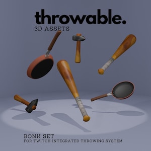 May include: A collection of 3D assets, including two baseball bats, two frying pans, and two hammers. The bats and hammers have wooden handles. The text "throwable" and "3D ASSETS" are at the top. The text "BONK SET" is at the bottom.