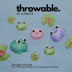 Puede incluir: Una colección de modelos 3D de ranas redondas en varios colores, incluyendo verde, rosa y morado, con caras sonrientes. La imagen también presenta hojas de nenúfar con flores rosas y el texto "throwable. 3D ASSETS" y "ROUND FROGS FOR TWITCH INTEGRATED THROWING SYSTEM."