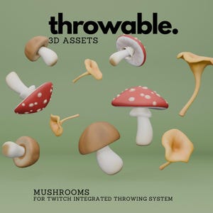 Puede incluir: Una colección de modelos 3D de setas en varias formas y colores, incluyendo sombreros rojos y blancos con lunares, sombreros marrones y setas amarillas en forma de trompeta. La imagen incluye el texto "throwable. 3D ASSETS" y "MUSHROOMS FOR TWITCH INTEGRATED THROWING SYSTEM."