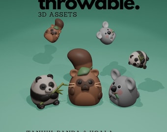 Kawaii Panda, Tanuki and Koala Fat Animals 3D Throwable Assets for Twitch Integrated Throwing System, Cute Vtuber Asset for Twitch Streaming