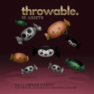 May include: A collection of 3D digital assets featuring Halloween-themed candy characters, including skull, vampire, and pumpkin designs. The text 'throwable. 3D ASSETS' and 'HALLOWEEN CANDY FOR TWITCH INTEGRATED THROWING SYSTEM' is displayed on a dark background.