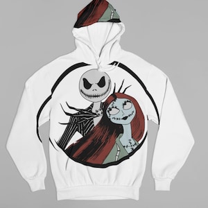 May include: White hooded sweatshirt with a black and white illustration of Jack Skellington and Sally from The Nightmare Before Christmas.