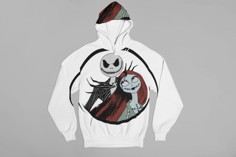 May include: White hooded sweatshirt with a black and white illustration of Jack Skellington and Sally from The Nightmare Before Christmas.