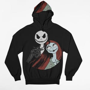 May include: Black hooded sweatshirt with a graphic print of Jack Skellington and Sally from the Nightmare Before Christmas movie.