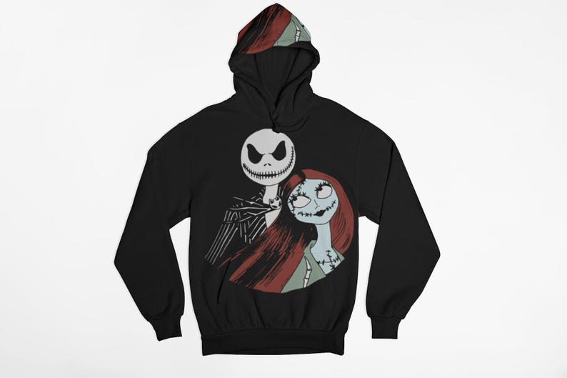 May include: Black hooded sweatshirt with a graphic print of Jack Skellington and Sally from the Nightmare Before Christmas movie.
